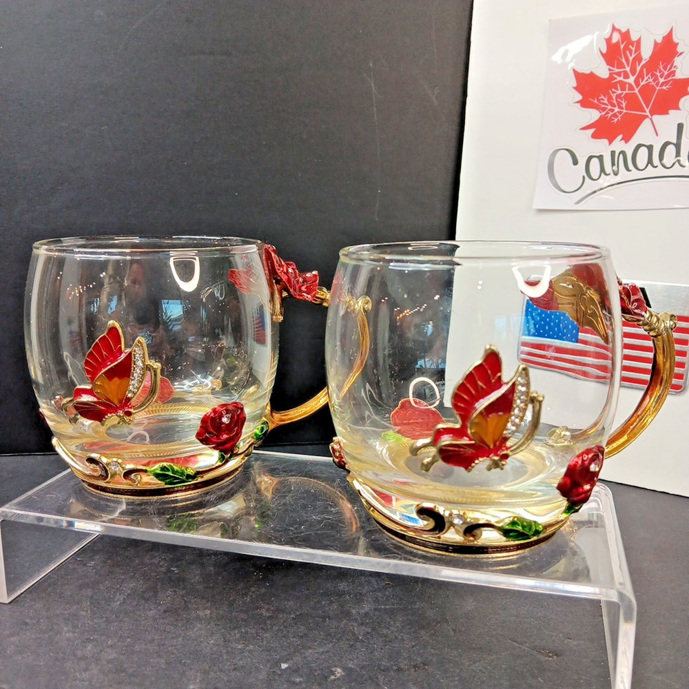 2pcs Arc of France Butterfly and Flower Vintage Glassware